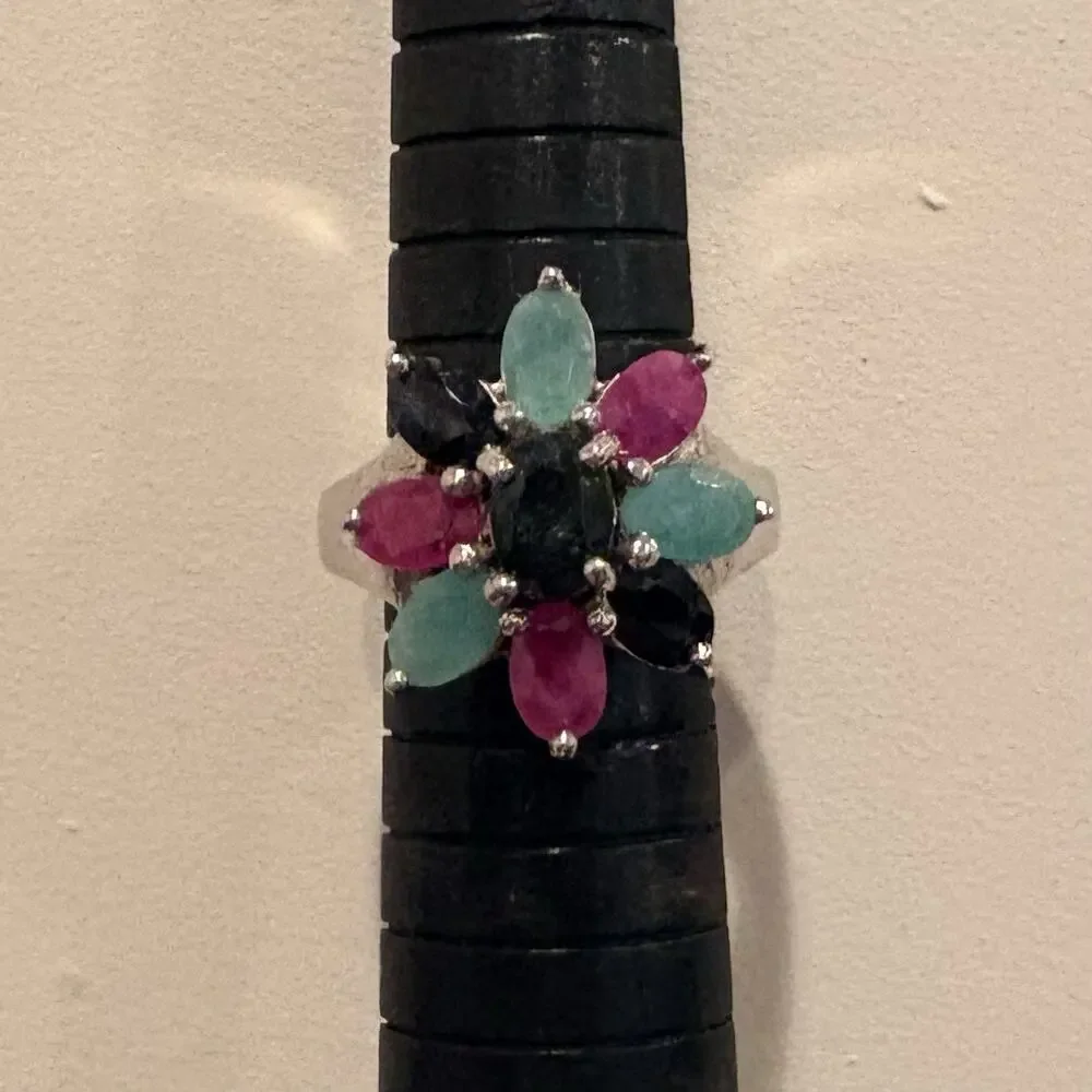 Sterling Silver, Sapphire, Emerald and Ruby Flower Ring Size 6.5 Vintage